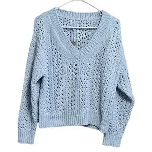 Hello Nite Whisper Blue Open Knit V Neck Long Sleeve Sweater Medium